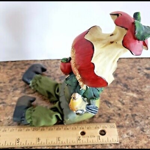 Vintage Dangle Leg Boy Figurine Shelf Sitter Apple Core Hat Holding Apple Bird - Picture 4 of 5